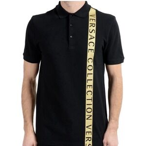 Versace Collection Authentic Gold Stripe Black Polo Shirt Size Small‎ Spell out